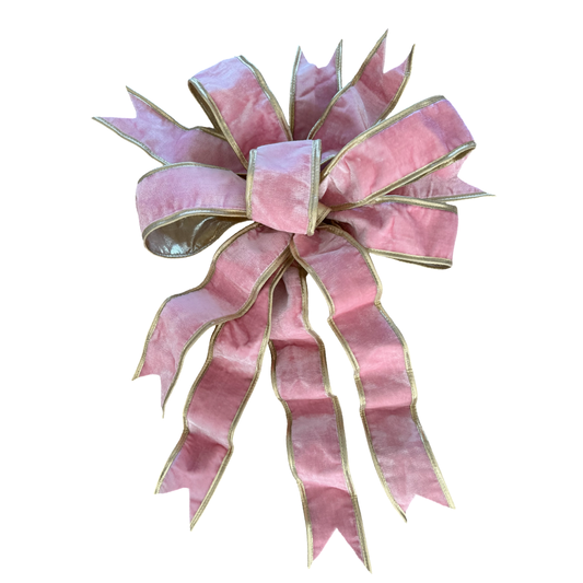 Hand Tied Bow - 2" Pink Velvet with Gold Metallic Back