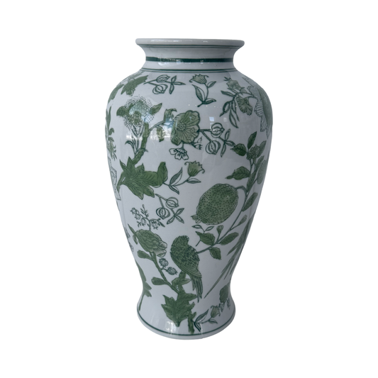 Tall Green Vase with Flowers & Birds