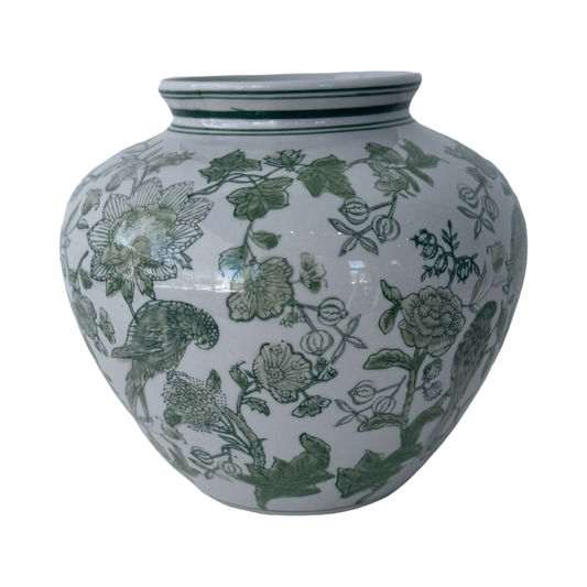 Green Ceramic Vase with Flowers & Birds